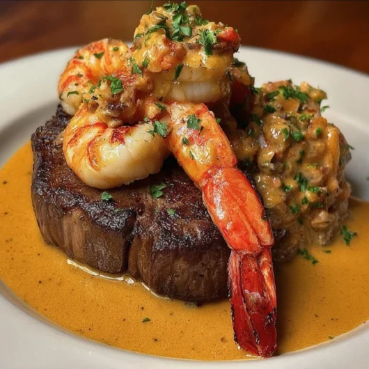 Steak with Shrimp & Lobster Cream Sauce