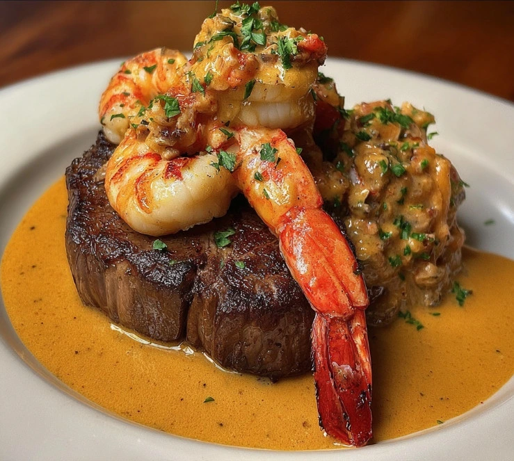 Steak with Shrimp & Lobster Cream Sauce