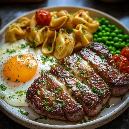 Steak & Egg Plate with Buttered Tortellini and Garden Peas