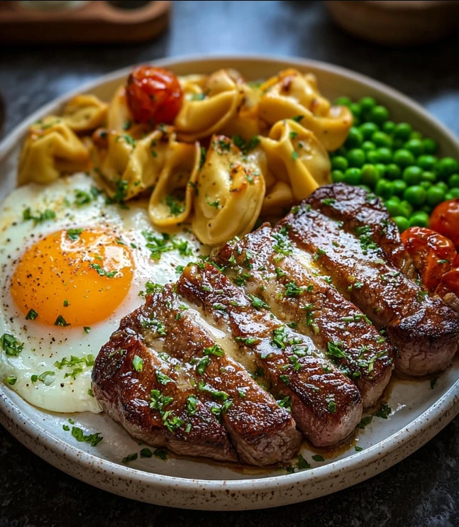Steak & Egg Plate with Buttered Tortellini and Garden Peas