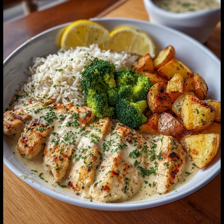Creamy Garlic Chicken with Rice, Broccoli & Roast Potatoes