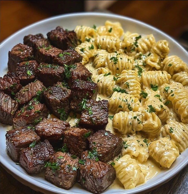 Creamy Garlic Steak Bites with Parmesan Pasta