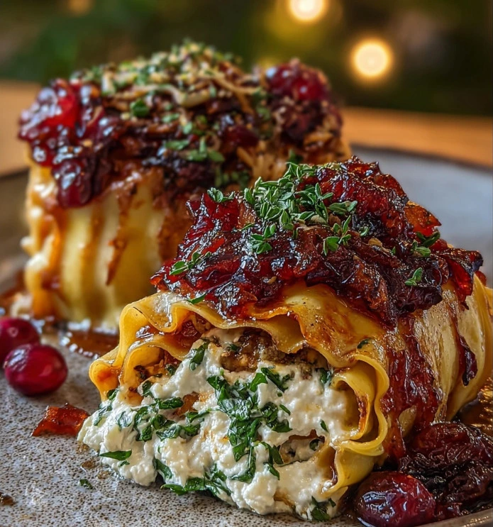Holiday Lasagna Roll-Ups with Cranberry Balsamic Glaze