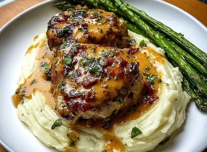 Christmas Marry Me Chicken Thighs with Mashed Potatoes & Asparagus