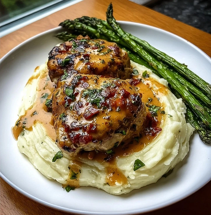 Christmas Marry Me Chicken Thighs with Mashed Potatoes & Asparagus