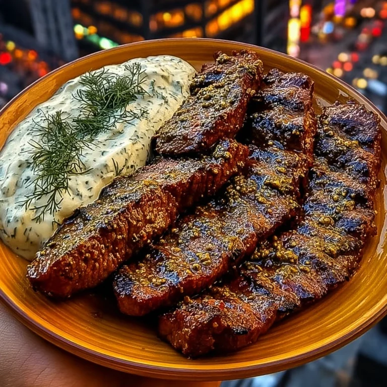 Honey Mustard Beef Strips with Dill Cream