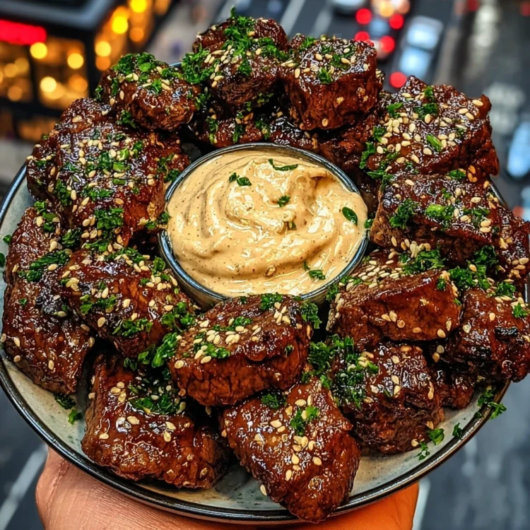 Sticky Garlic Soy Beef Bites with Creamy Chili Dip