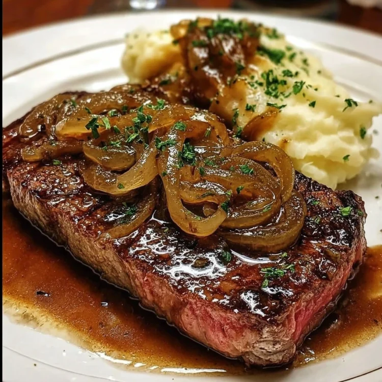 Smothered Steak with Caramelized Onion Gravy & Mashed Potatoes