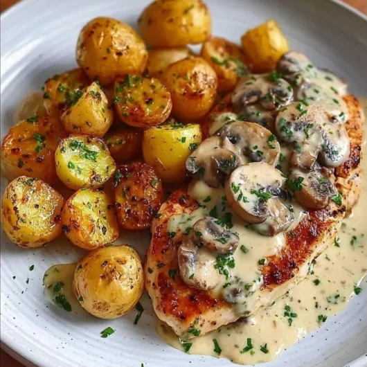Creamy Garlic Mushroom Chicken with Roasted Baby Potatoes