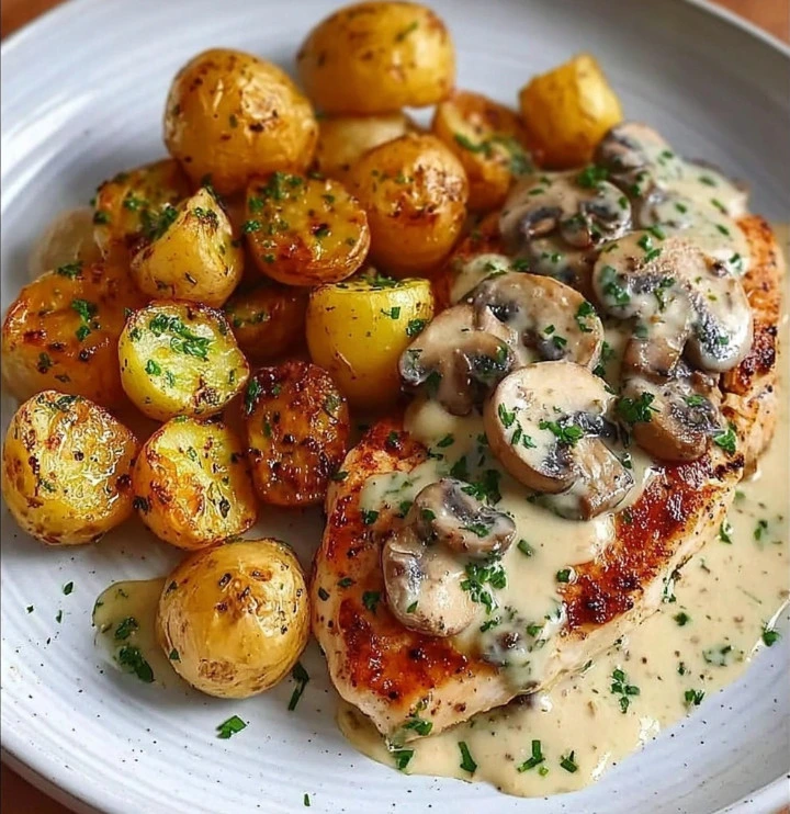 Creamy Garlic Mushroom Chicken with Roasted Baby Potatoes