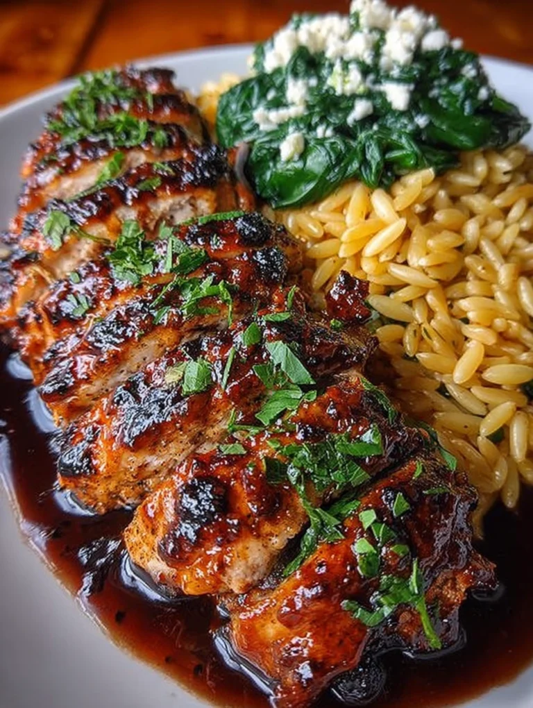 Honey Balsamic Glazed Chicken with Orzo & Garlic Spinach