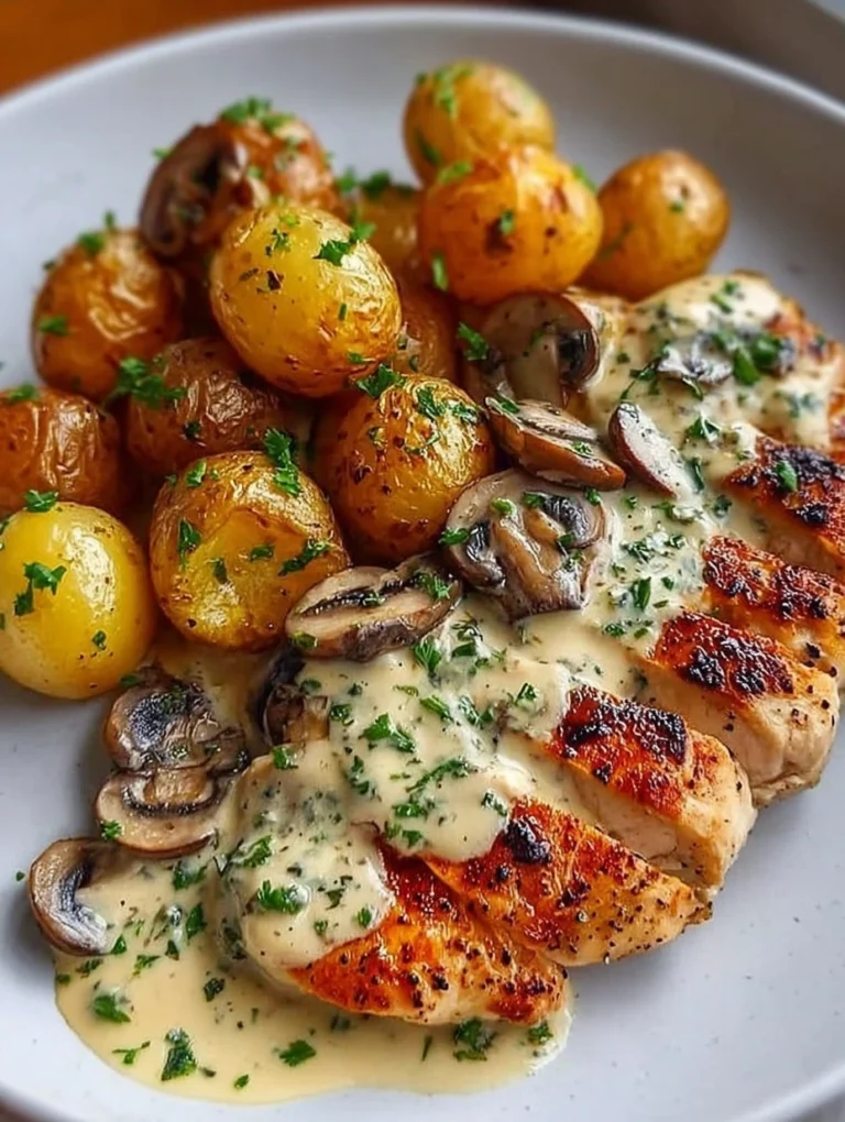 Creamy Garlic Mushroom Chicken with Roasted Baby Potatoes