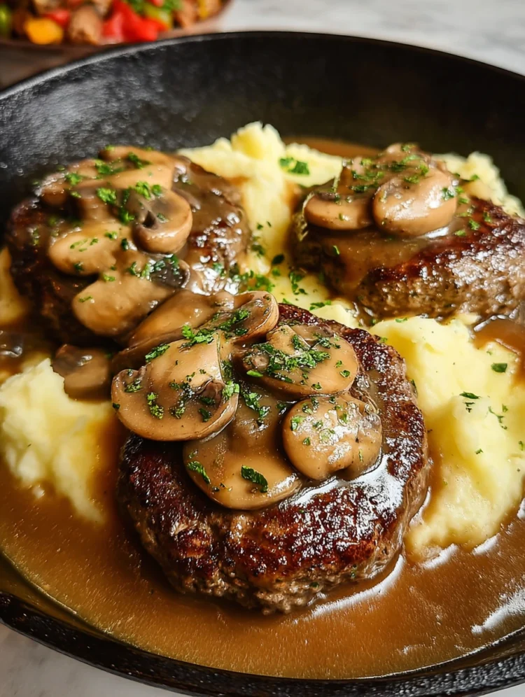Hamburger Steaks in Creamy Mushroom Gravy with Mashed Potatoes