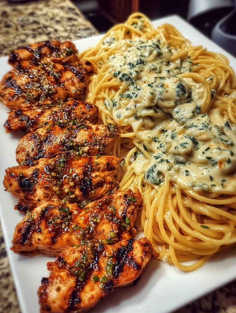 Grilled Garlic Herb Chicken with Creamy Herb Alfredo Spaghetti