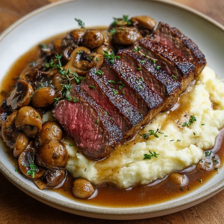 Pan-Seared Steak with Creamy Mashed Potatoes & Mushroom Gravy