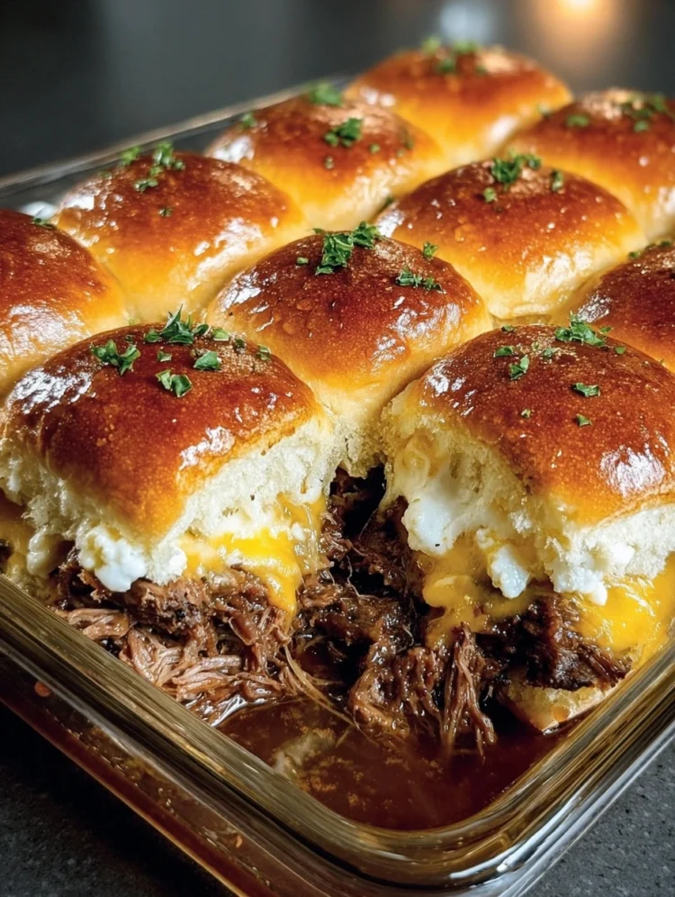 Cheesy Pulled Beef Sliders