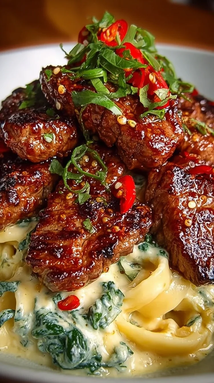 Spicy Garlic Butter Steak Bites over Creamy Spinach Pasta