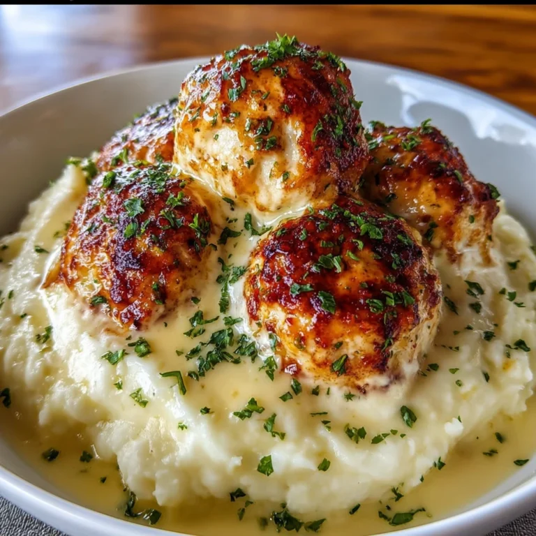 Cheesy Chicken Meatballs Over Creamy Mashed Potatoes
