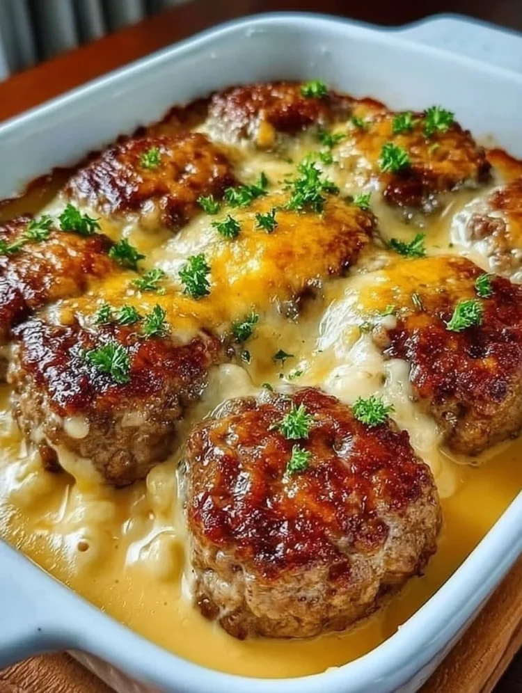 Cheesy Baked Beef Patties in Creamy Sauce