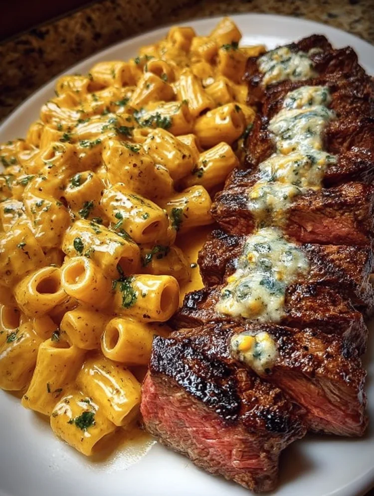Garlic Butter Steak Bites with Cheesy Mozzarella Rigatoni