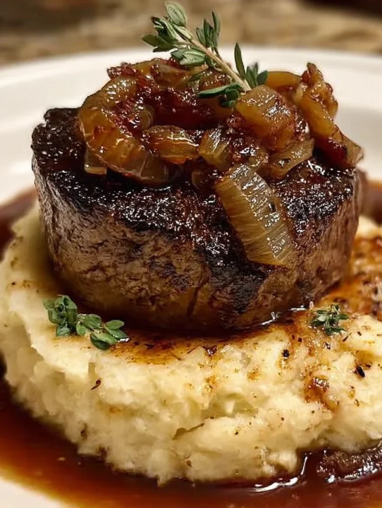 Filet Steak with Caramelized Onions & Garlic Mashed Potatoes