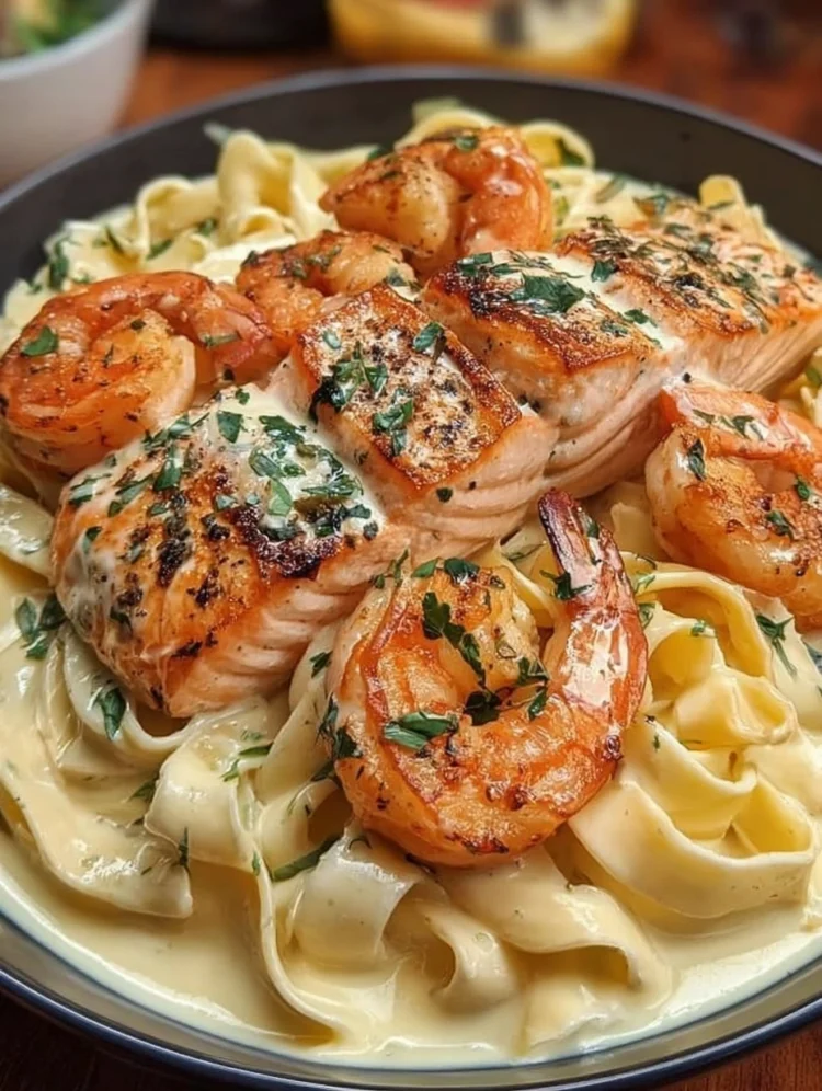 Creamy Garlic Salmon & Shrimp Alfredo