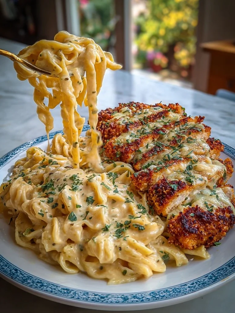 Crispy Chicken Alfredo with Creamy Garlic Parmesan Pasta