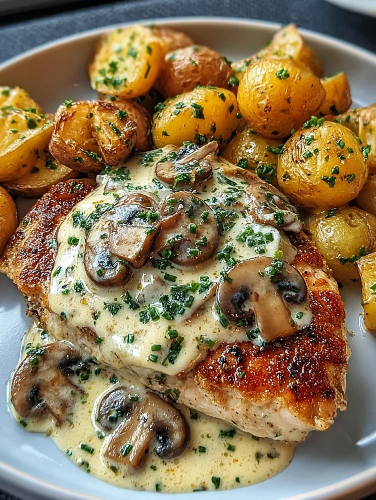 Creamy Mushroom Chicken with Roasted Baby Potatoes