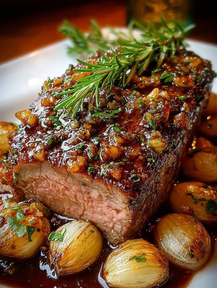 Garlic Rosemary Roast Beef with Caramelized Shallots