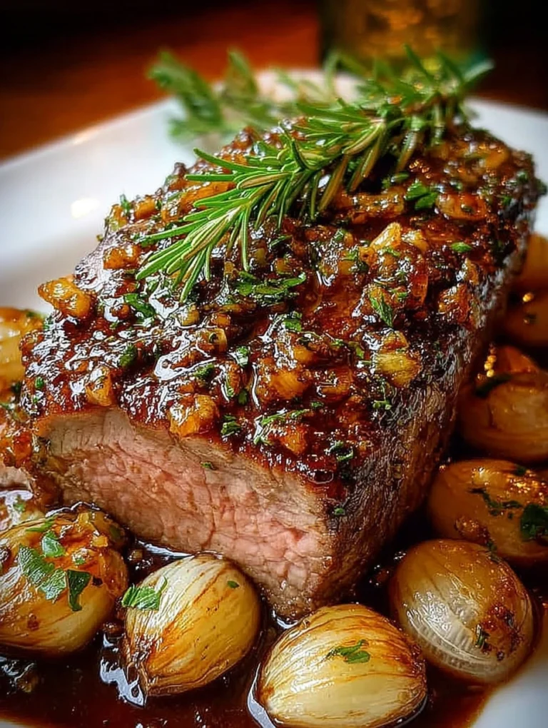 Garlic Rosemary Roast Beef with Caramelized Shallots
