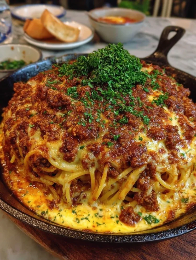 Cheesy Skillet Baked Spaghetti with Beef Sauce