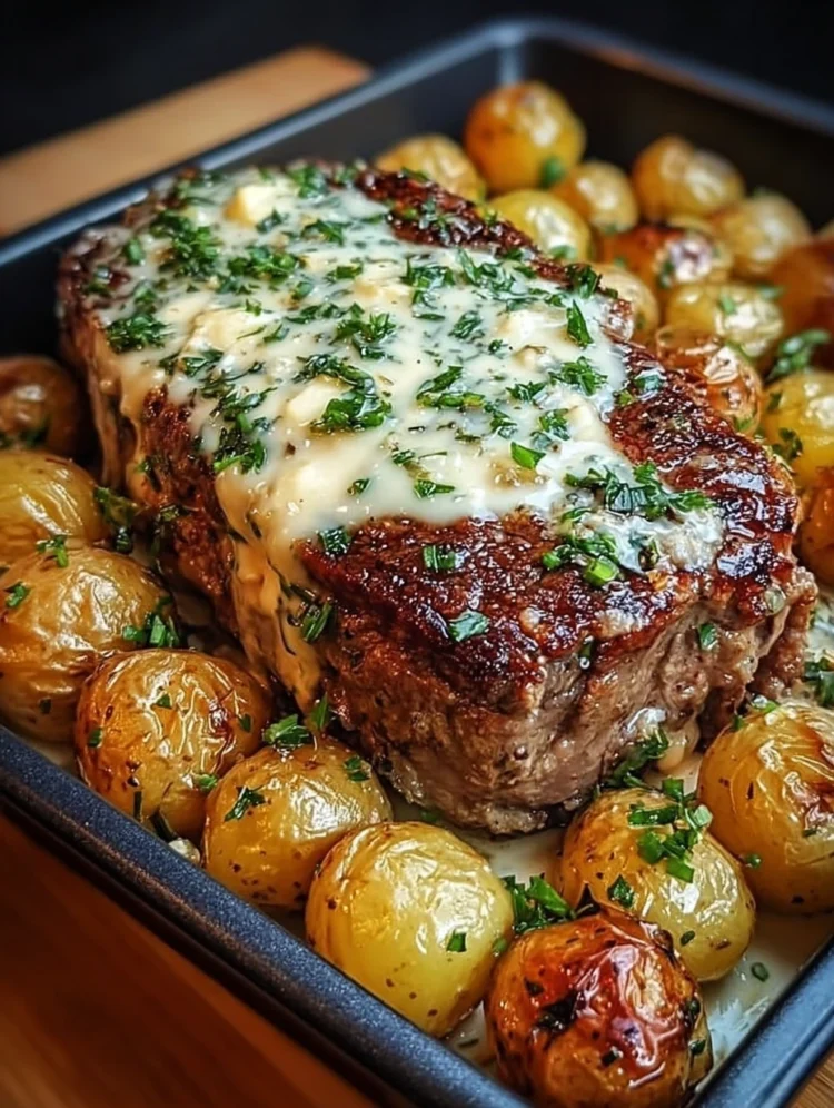Creamy Garlic Butter Steak with Roasted Baby Potatoes