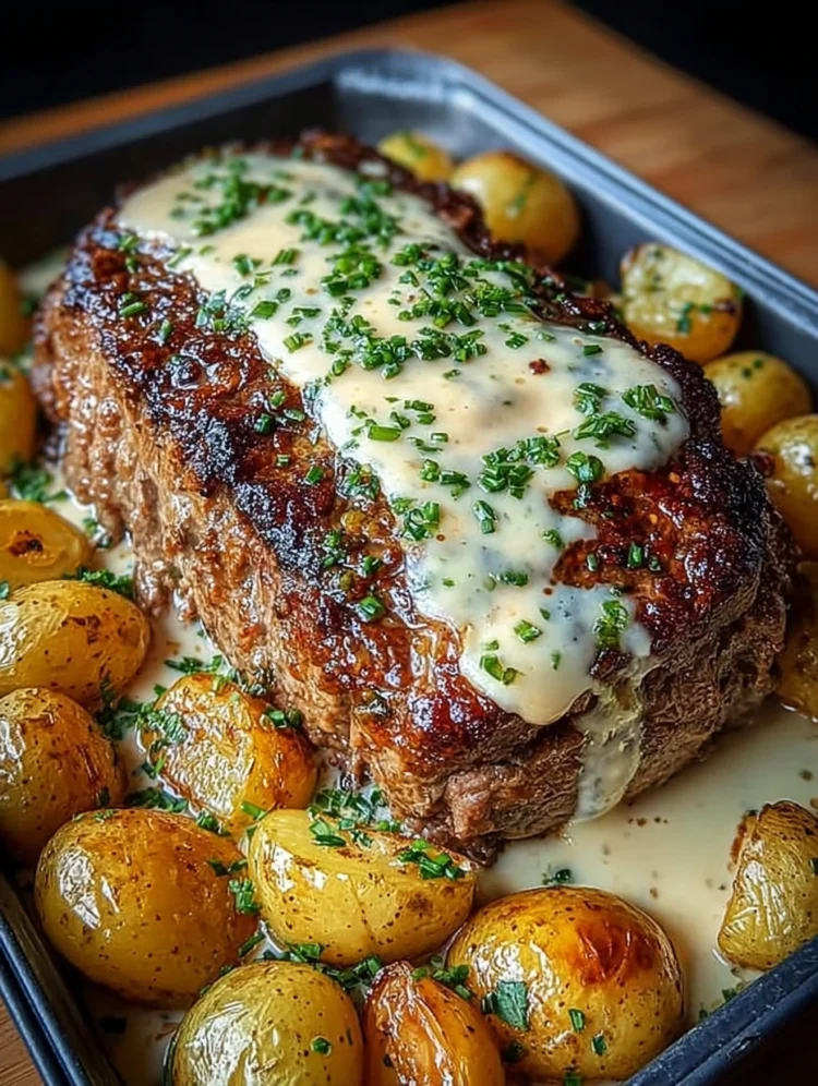 Cheese-Stuffed Meatloaf with Creamy Gravy & Roasted Baby Potatoes