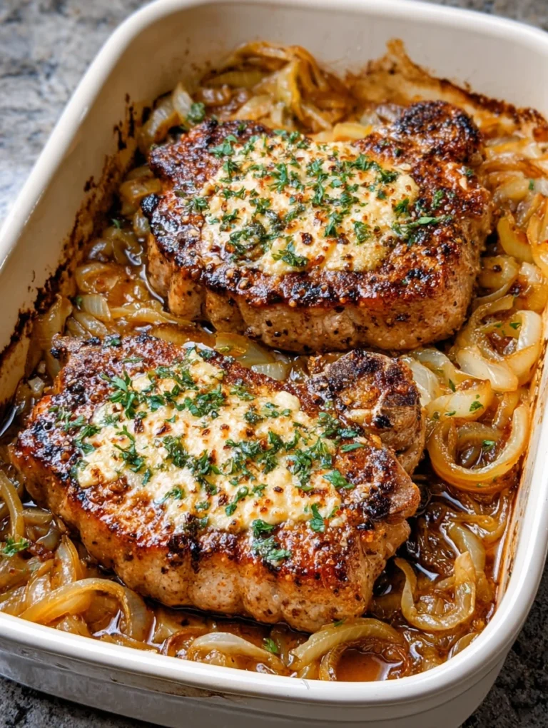 Garlic Butter Baked Pork Chops with Caramelized Onions