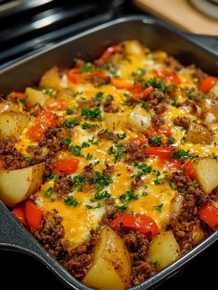 Cheesy Beef & Roasted Potato Skillet Bake