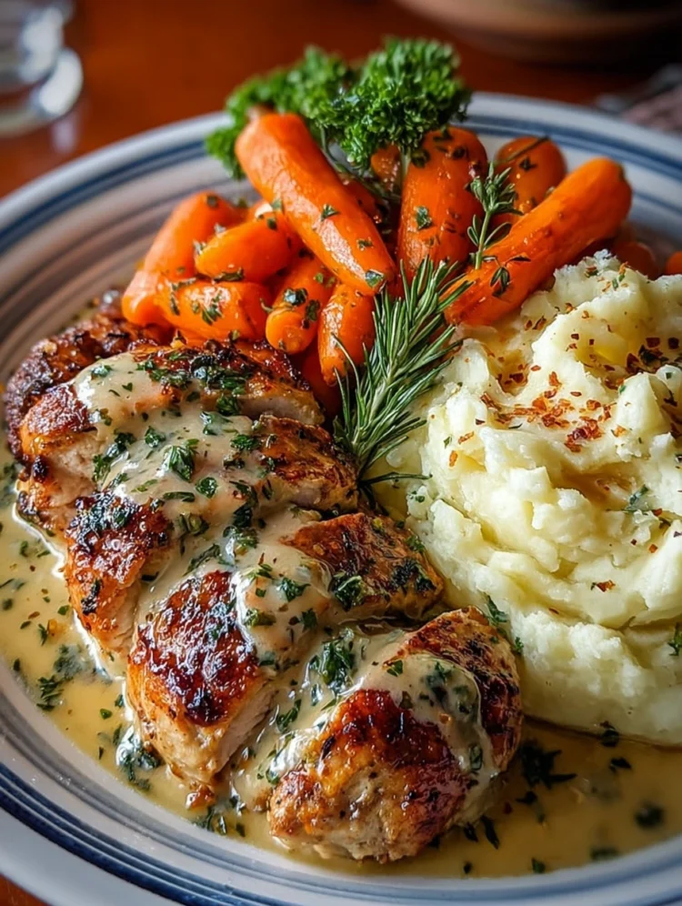 Herb Gravy Chicken with Mashed Potatoes & Glazed Carrots