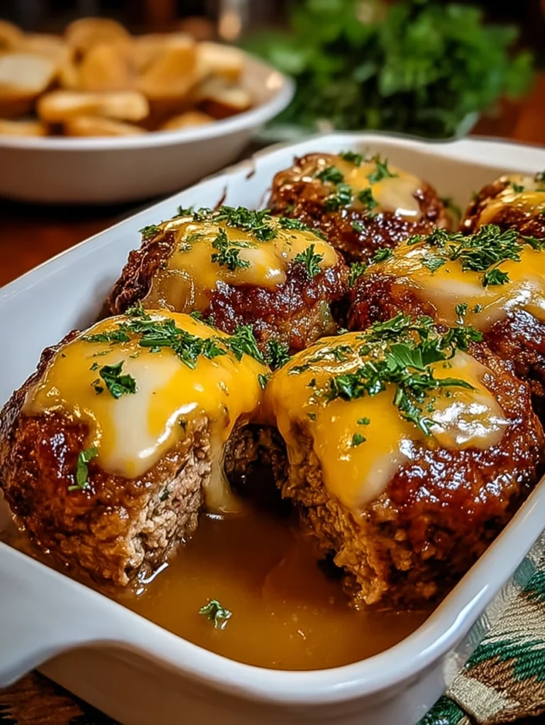 Cheesy Burger Meatloaf Muffins in Savory Gravy