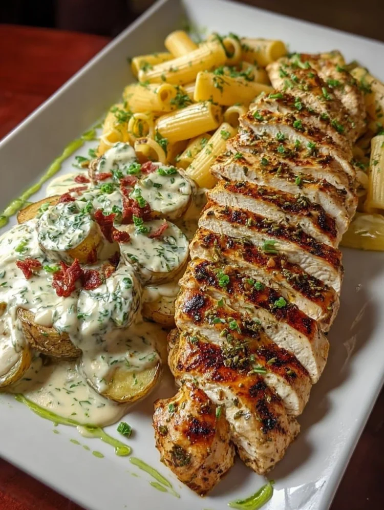 Creamy Herb Chicken with Garlic Potatoes & Alfredo Rigatoni