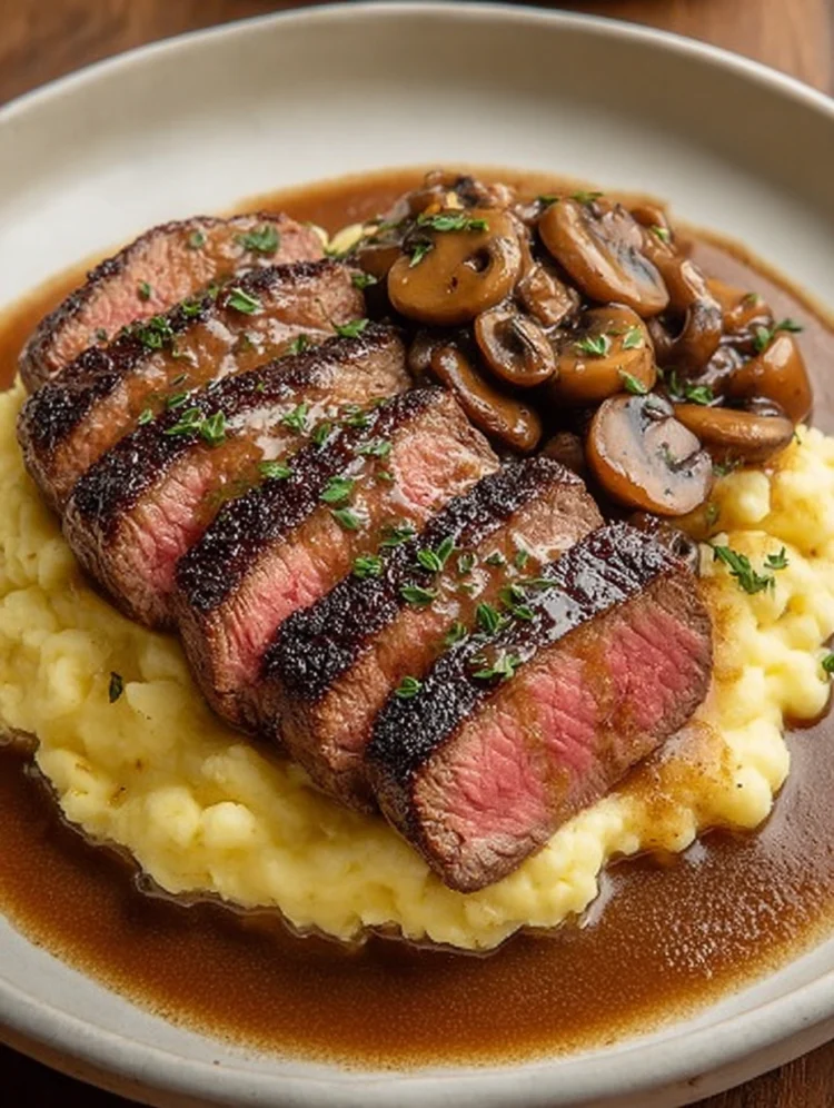 Steak with Creamy Mashed Potatoes and Mushroom Gravy
