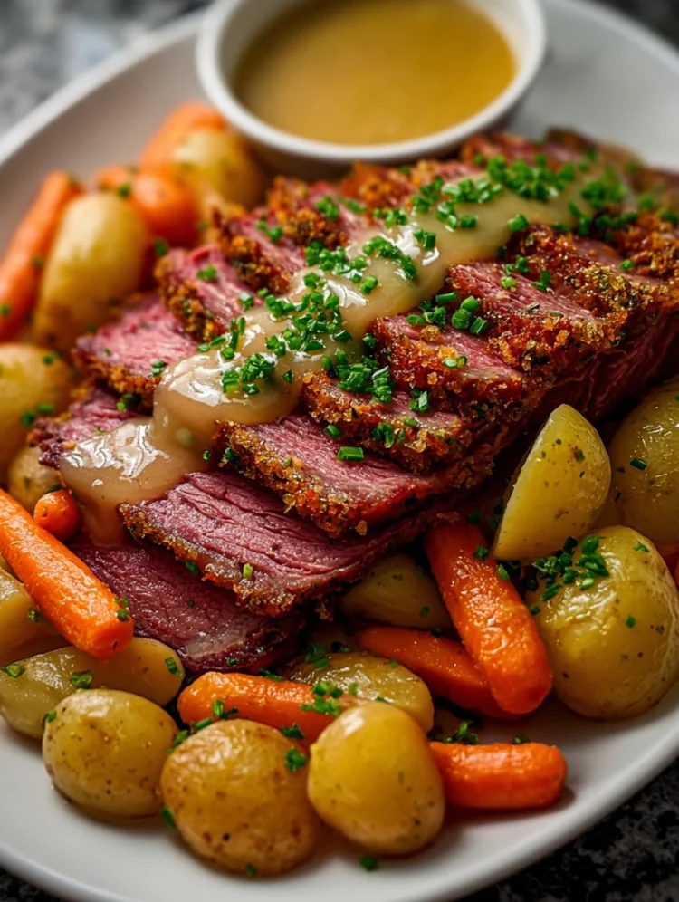Herb-Crusted Beef Roast with Potatoes, Carrots, and Onion Gravy