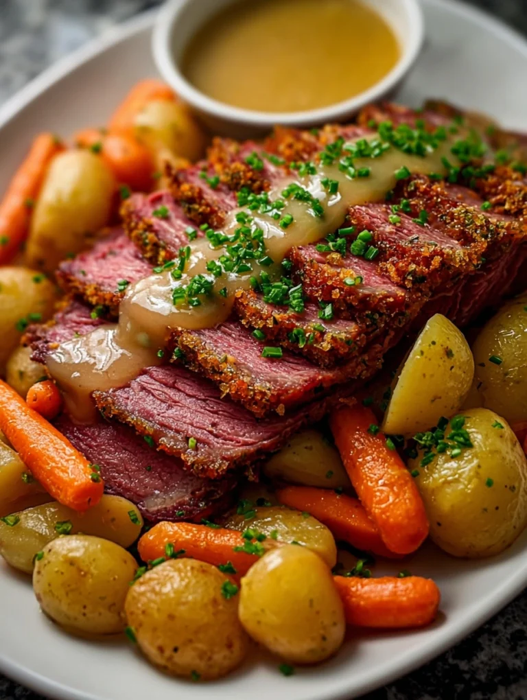Herb-Crusted Beef Roast with Potatoes, Carrots, and Onion Gravy