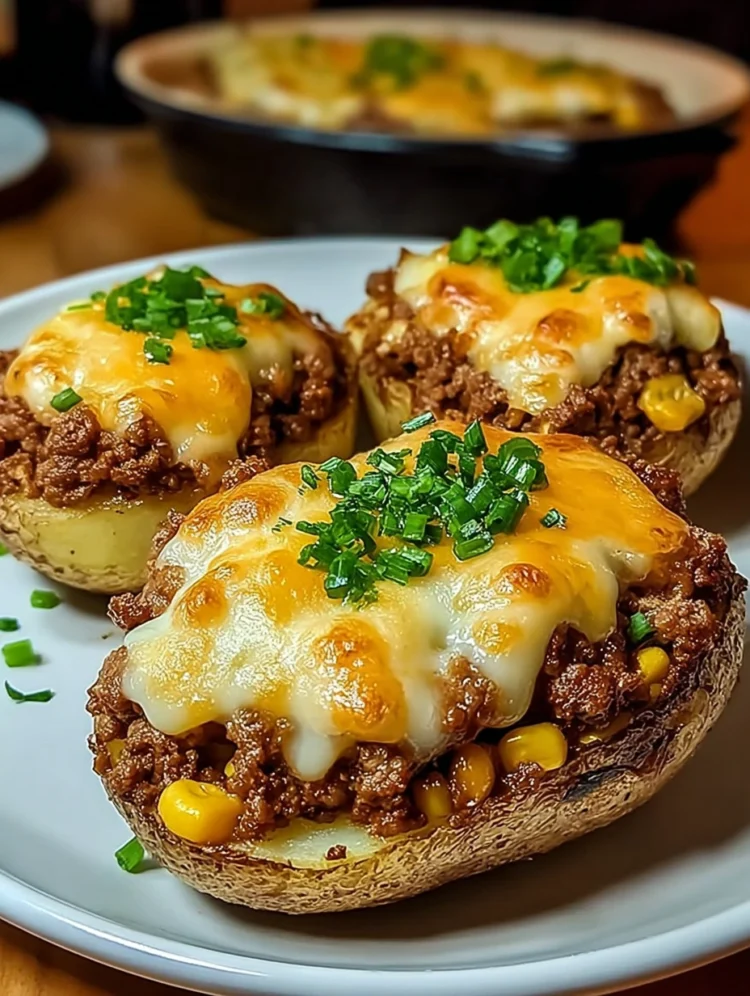 Cheesy Beef and Corn Stuffed Potatoes