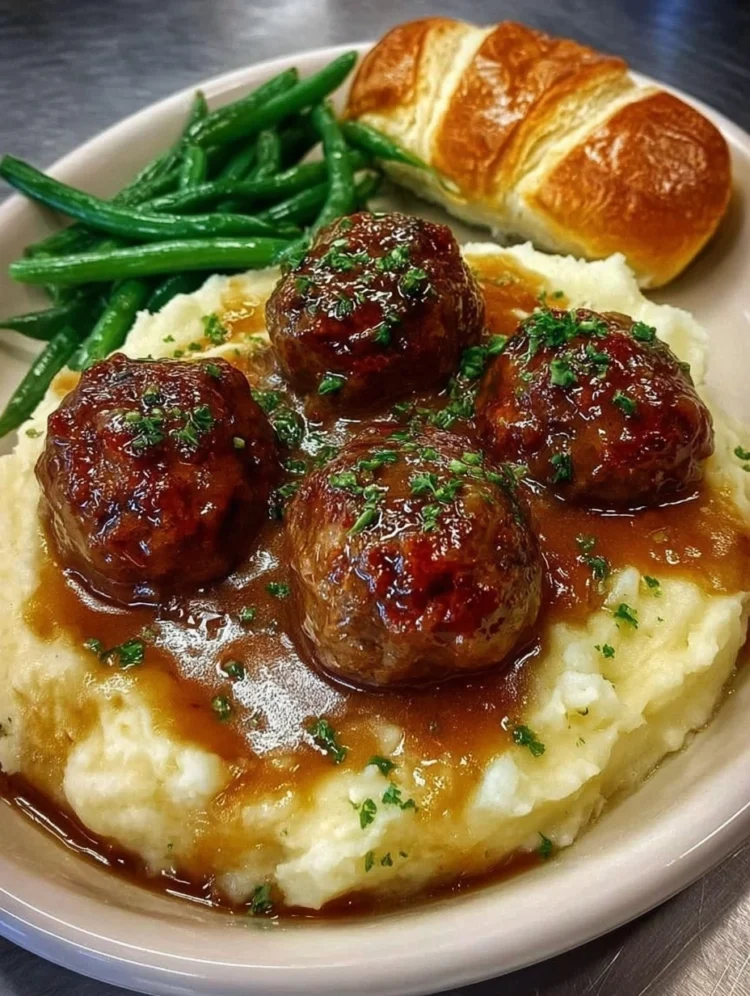 Meatballs with Savory Brown Gravy over Creamy Mashed Potatoes