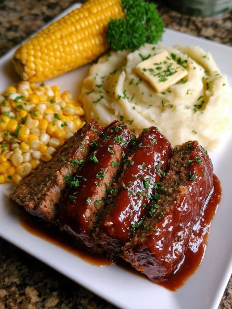 Classic Glazed Meatloaf with Mashed Potatoes & Buttered Corn