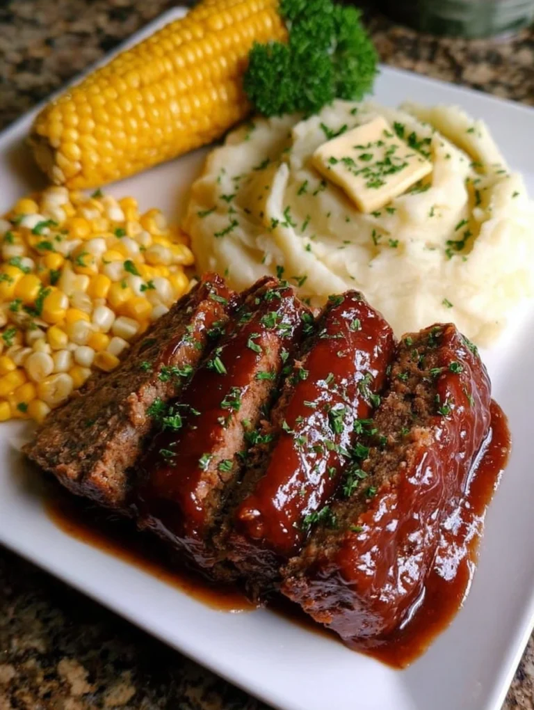 Classic Glazed Meatloaf with Mashed Potatoes & Buttered Corn