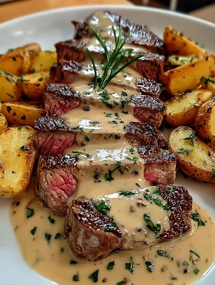 Creamy Peppercorn Steak with Roasted Potatoes