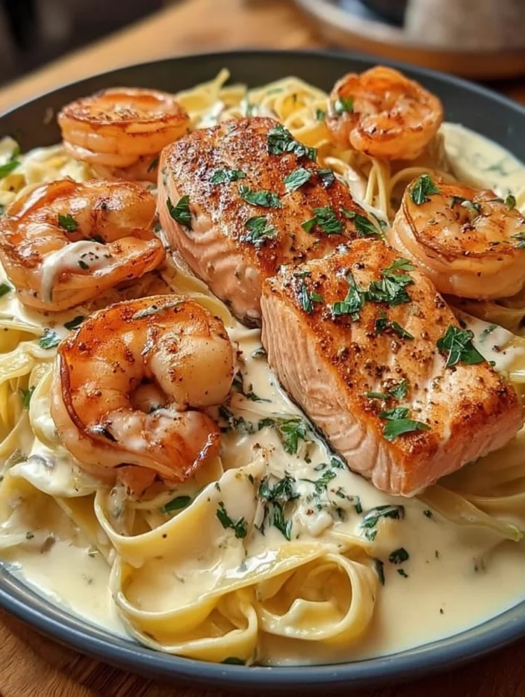 Creamy Garlic Salmon & Shrimp Alfredo