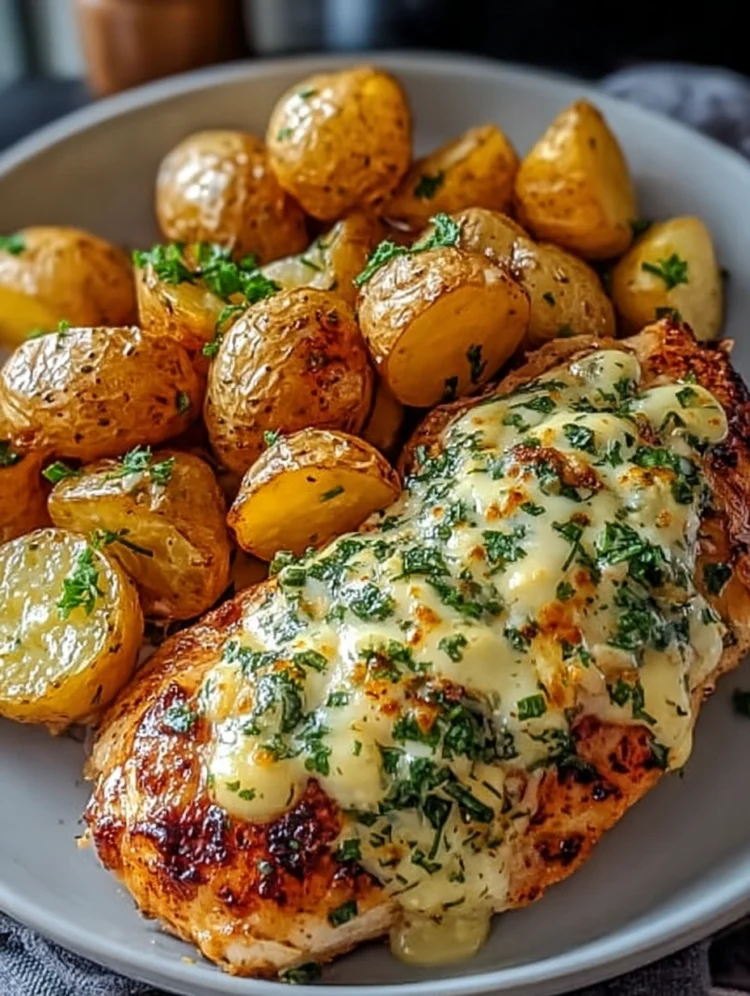 Cheesy Garlic Chicken with Roasted Baby Potatoes