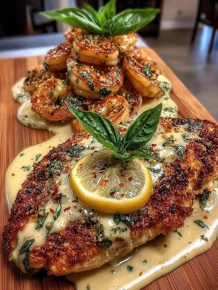 Creamy Lemon Basil Chicken with Garlic Butter Shrimp