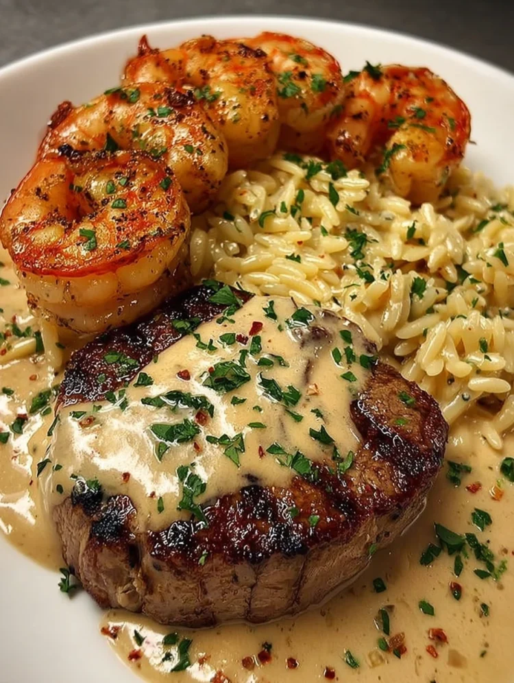 Creamy Garlic Shrimp Steak with Orzo
